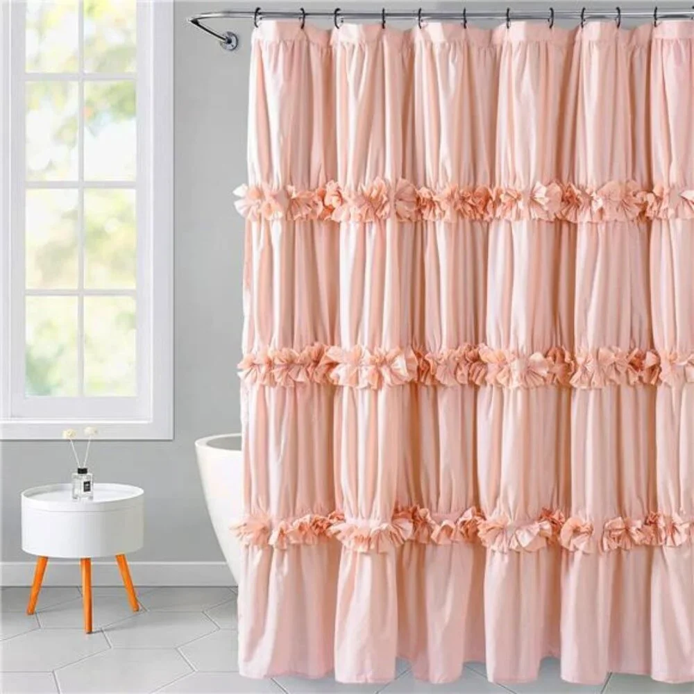 Peach Ruffle Shower Curtain, Vintage Handcrafted Bow Tie Bath Curtain